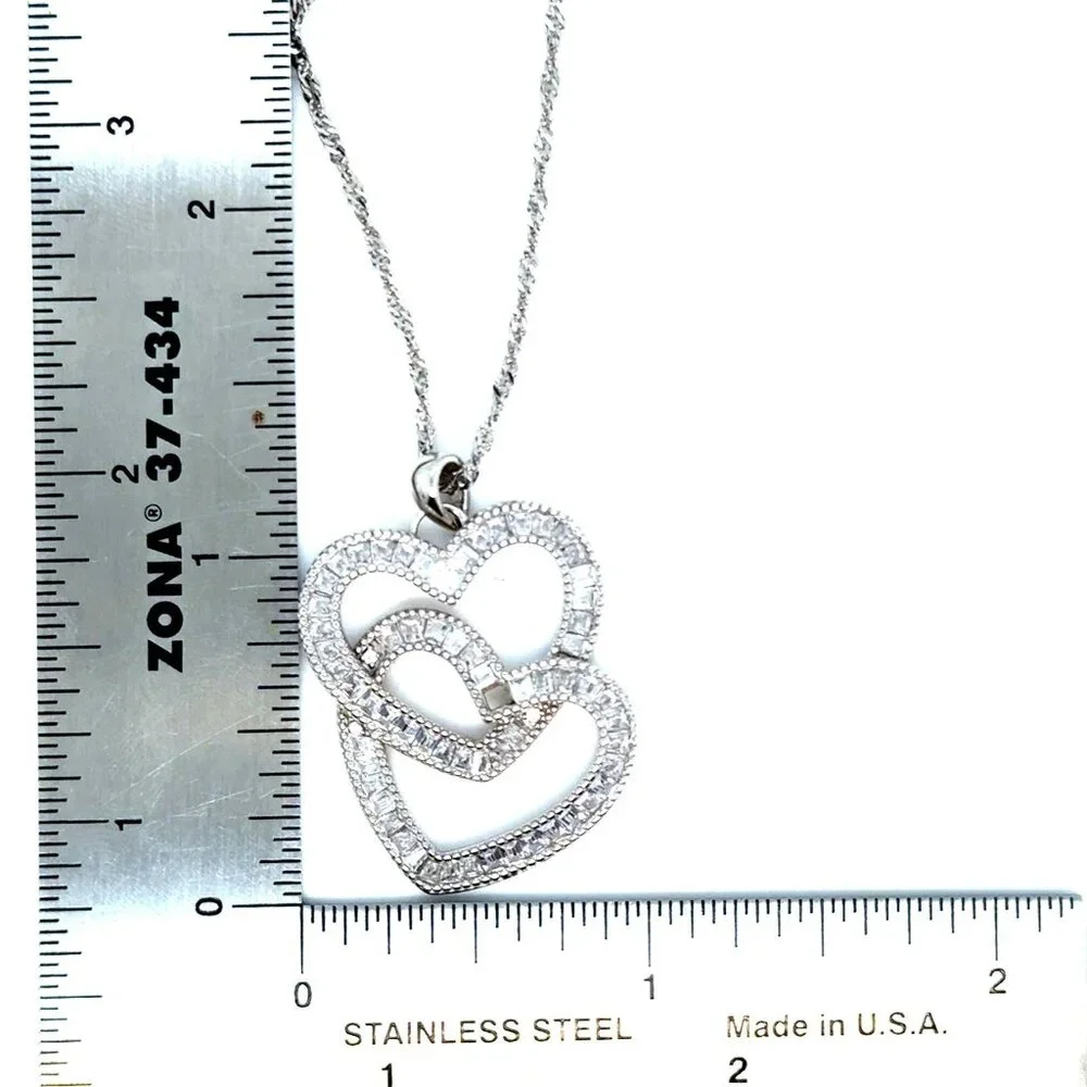 Silver 925 Double Heart Baguette Cz Necklace